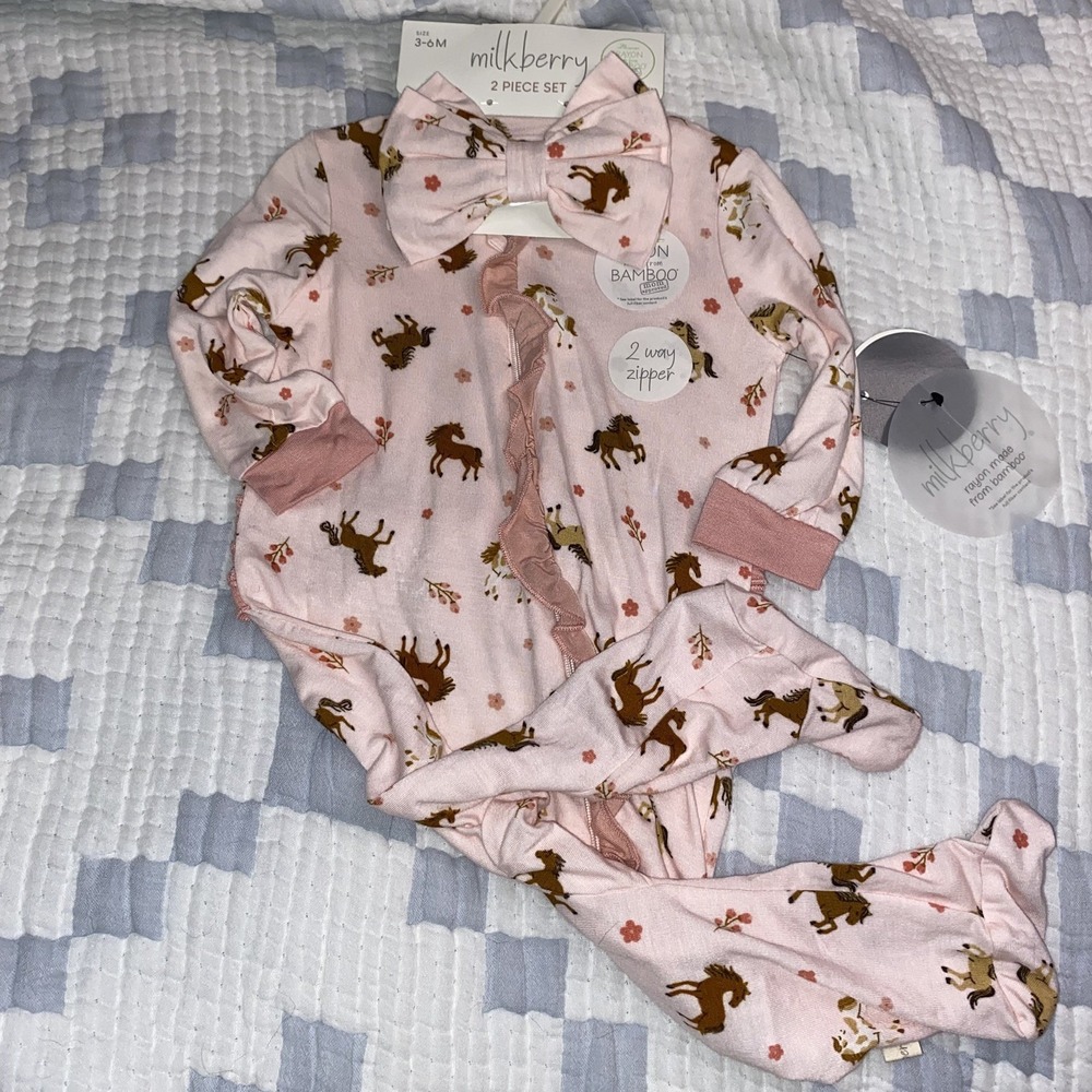 Milkberry Bamboo 2pc Bodysuit Headband 3-6M Ruffled Multicolor Pink NWT